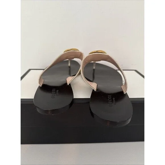 Gucci GG Gold Marmont Leather Thong Sandals Flat Shoes Authentic EU 37 US 7